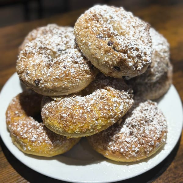 A white plate piled high with Fancy Bagels' powdered sugar-dusted cinnamon raisin bagels.